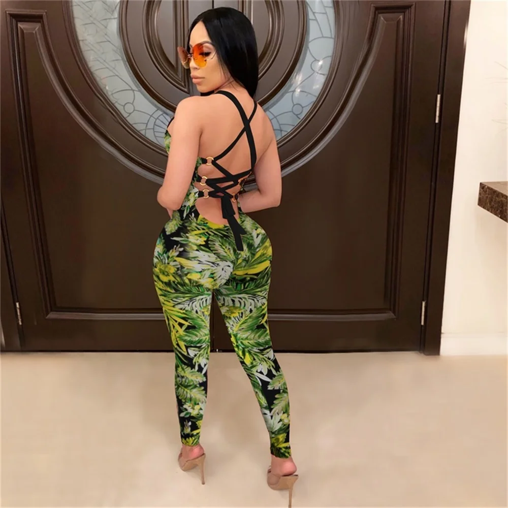 

Sexy Printing Bandage Camisole Wrap Chest Jumpsuit Backless Tie Back Snap Buttons Lace Up Rompers Womens Jumpsuit Ropa Mujer