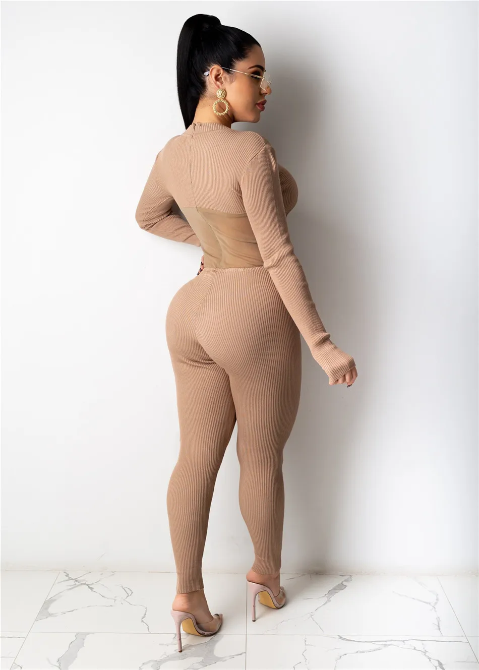 

Women Jumpsuit Apricot Sheer Mesh See Through Skinny Crew Neck Full Sleeve Slim Fit Bodysuit Elegant Ribbed Knitted Outfits