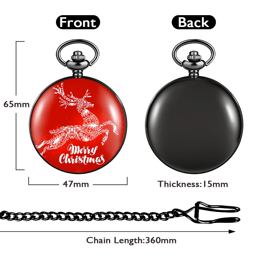 Lucky Red Pocket Watch Set Women's Cute Christmas Elk Theme Men Quartz Pocket Clock Pendant Necklace Gift Set with Box for Girls