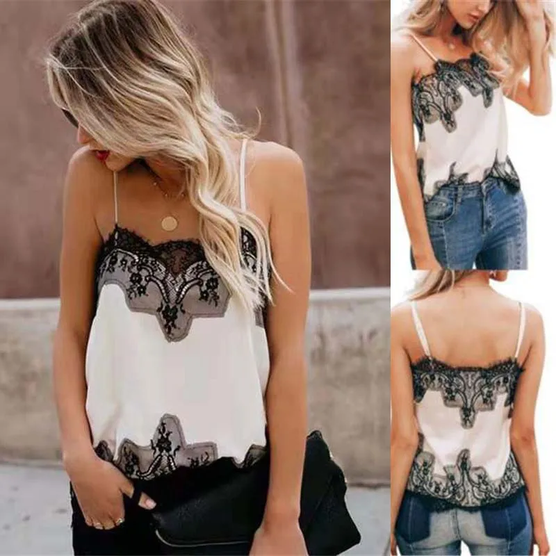 

Womens Sleeveless Sexy Lace V Neck Vest Tops Ladies Summer Beach Blouse Shirt