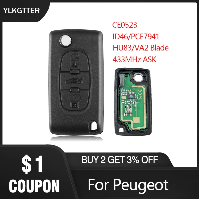 

YLKGTTER 3 кнопки дистанционного ключа подходит для peugeot 407 308 307 208 207 партнер с бесключевым транспондером ID46/PCF7941 чип