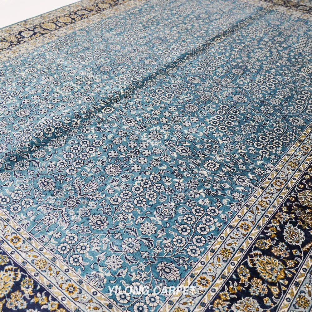 5'x7' Blue All Over Hand Woven Silk Rugs Persian Qum Medallion Carpet (HF382H) | Дом и сад