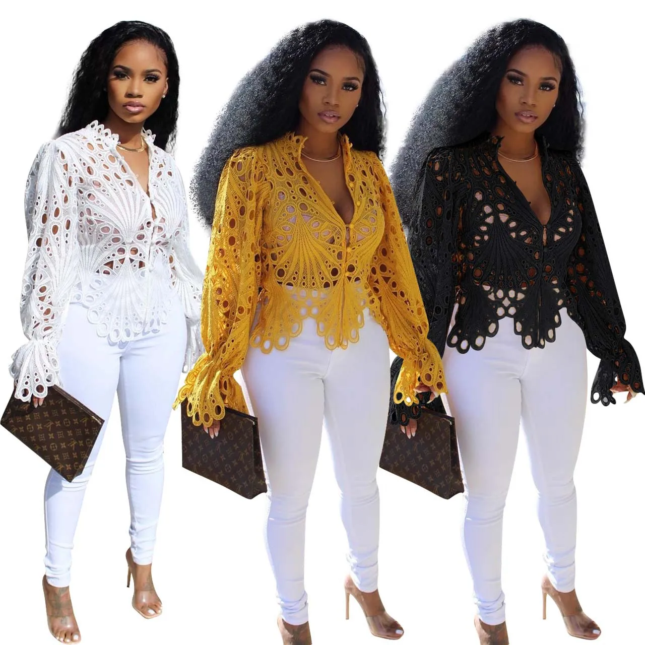 Блузка женская с вышивкой на пуговицах рукавами-фонариками | Женская одежда