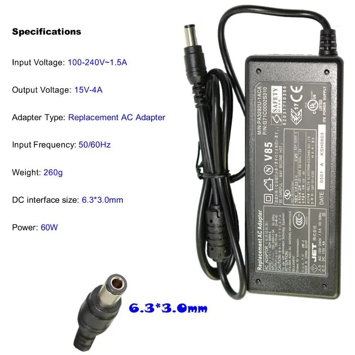 15 в 4A 6 3*3 0 мм 60 Вт Замена для Toshiba Satellite PA3282U-1ACA PA2450U-00489A ноутбука AC зарядное