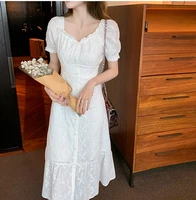 white dress women 2021 summer new french retro puff sleeve long dress square collar lace single breasted print knee length dress