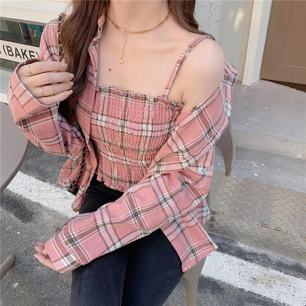 Женское платье двойка на бретельках облегающее кардиган плечо рубашка в клетку