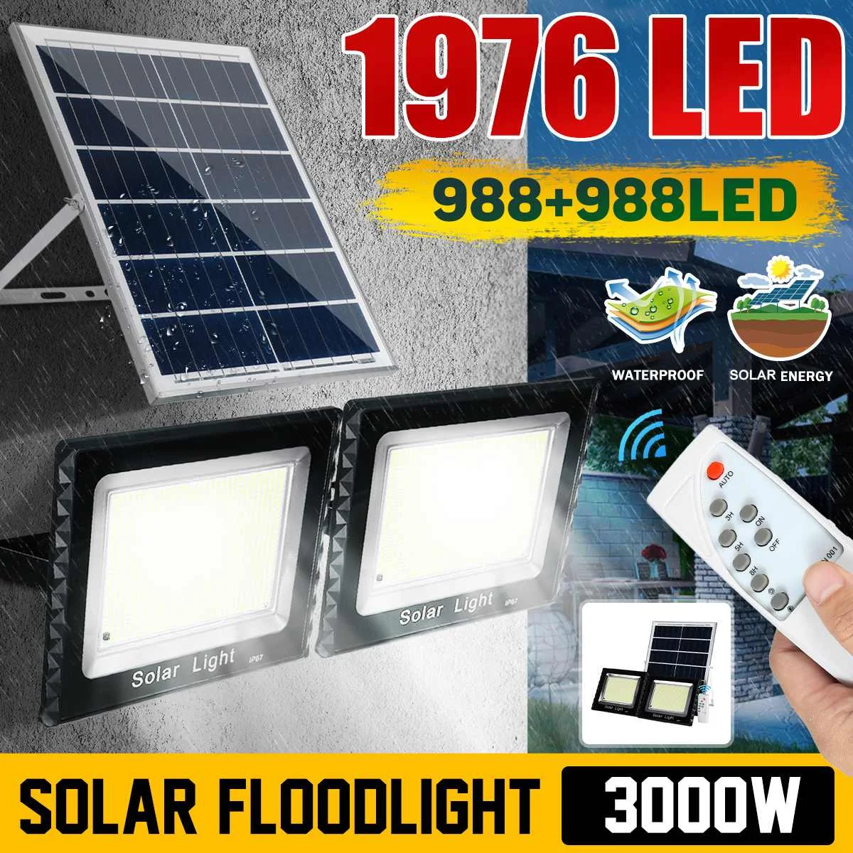 3000W 1976 LED Floodlight Solar Lamp Portable Spotlight floodlight Outdoor Street Garden Light Waterproof Wall Lamp