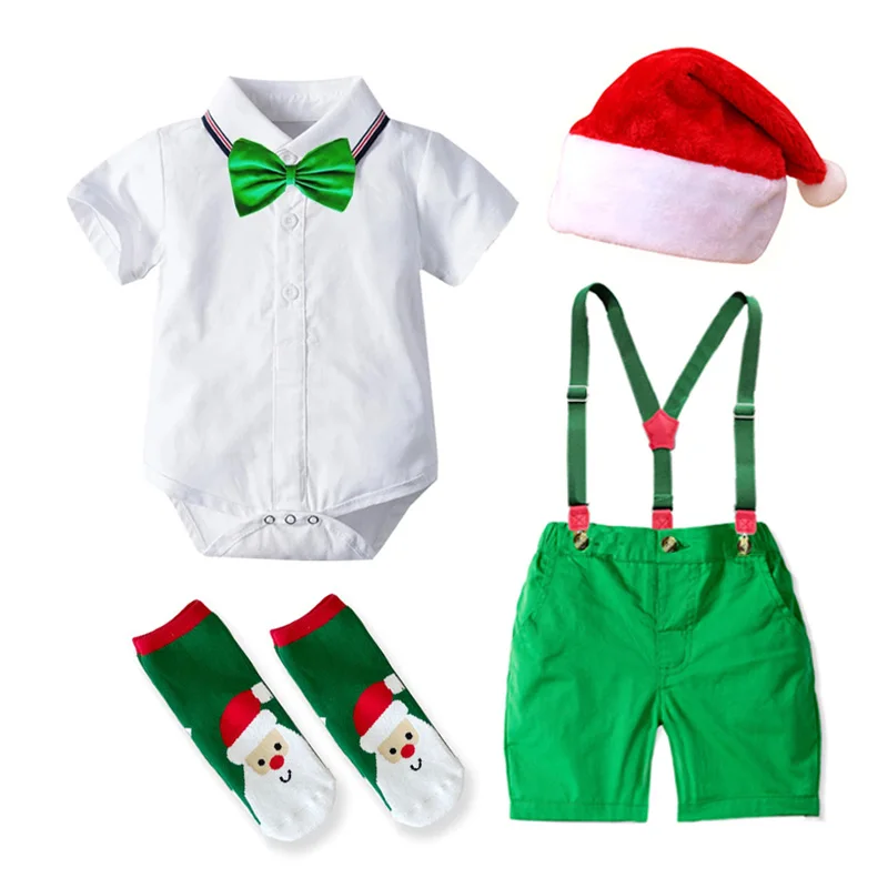 

New Toddler Boy Christmas Clothing Suit for Baby Newborn Hat + Romper + Green Shorts + Belt + Socks Infant Costume Gifts Set