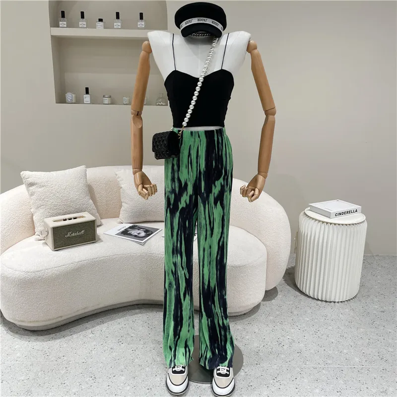 

Women's Spring 2021 Fashion Halo dyed casual slacks Elastic waist versatile pleated straight leg pants