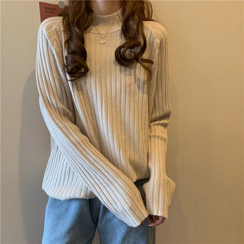 

Striped Turtleneck Pullover Sweater Women Korean Slim-fit Stretch Knitted Tops Ladies Contrast Jumper 2021 Autumn Winter New