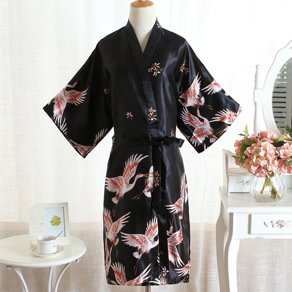 Черная ночная рубашка домашняя одежда с принтом журавлей Свадебный халат для