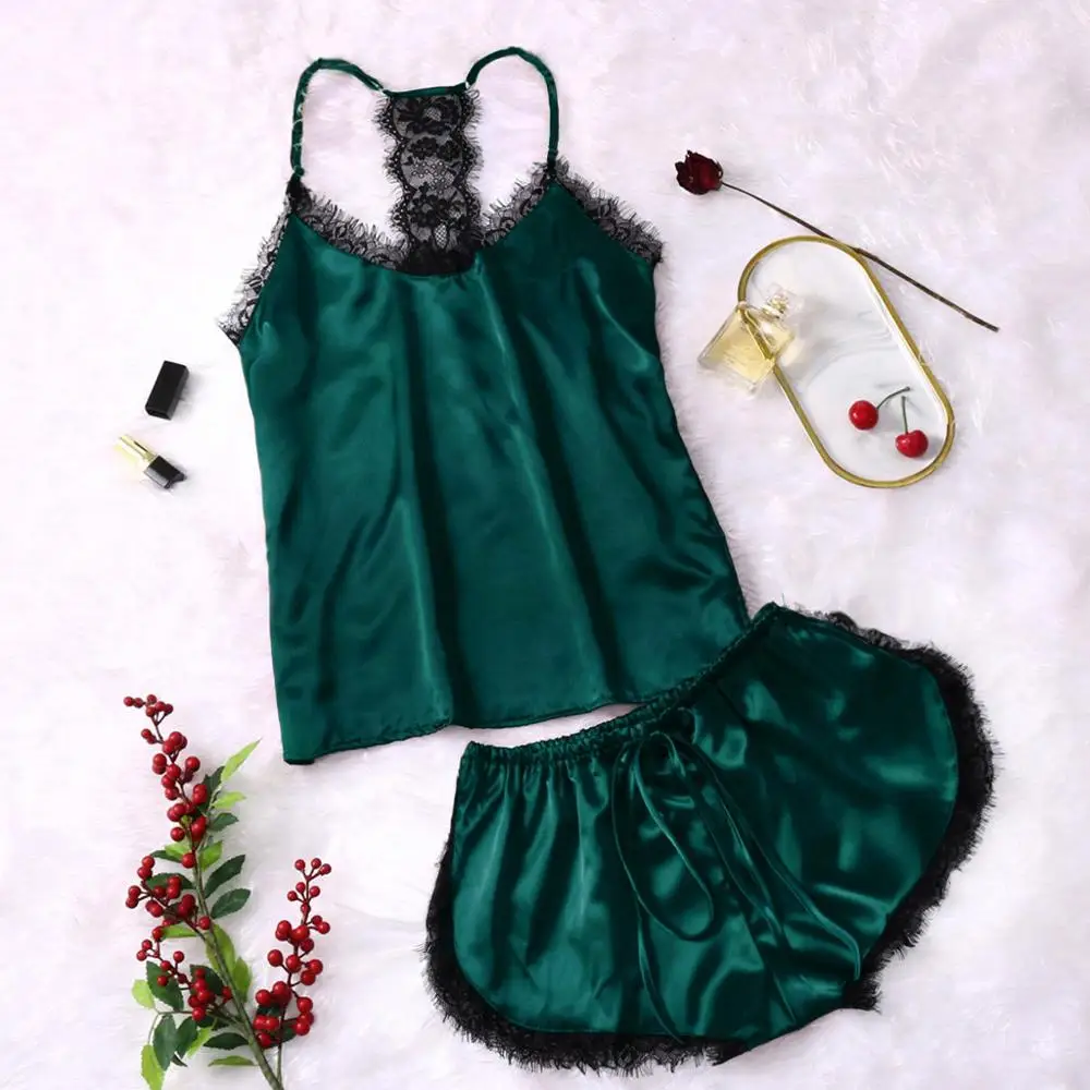 Женская пижама Сексуальный Атласный пижамный комплект Черная кружевная Пижама с