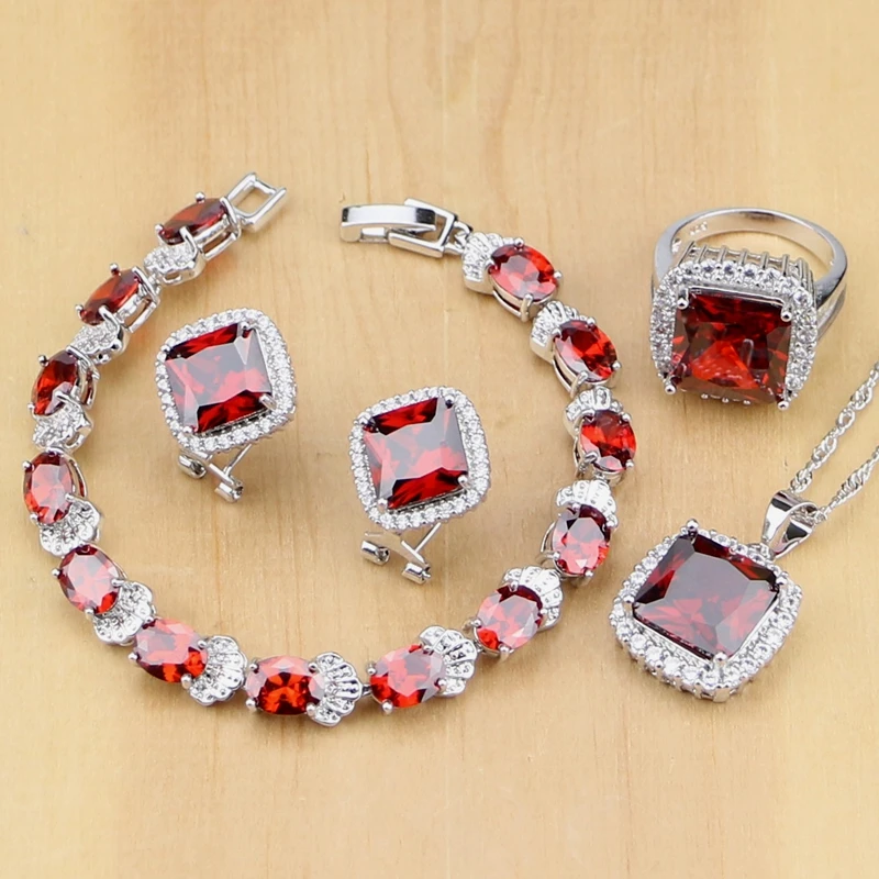 

Silver 925 Jewelry Sets Red Garnet White Toapz Jewelry Sets Wedding Decoration for Women Earring/Pendant/Necklace/Ring/Bracelet