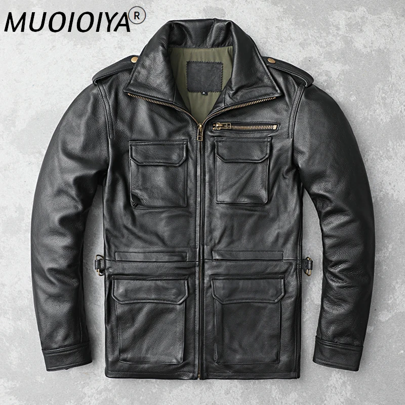 

MUOIOYIA Men's Genuine Cowhide Leather Jacket Autumn and Winter Short Casual Leather Coats Plus Size Blouson Cuir Homme SQQ768