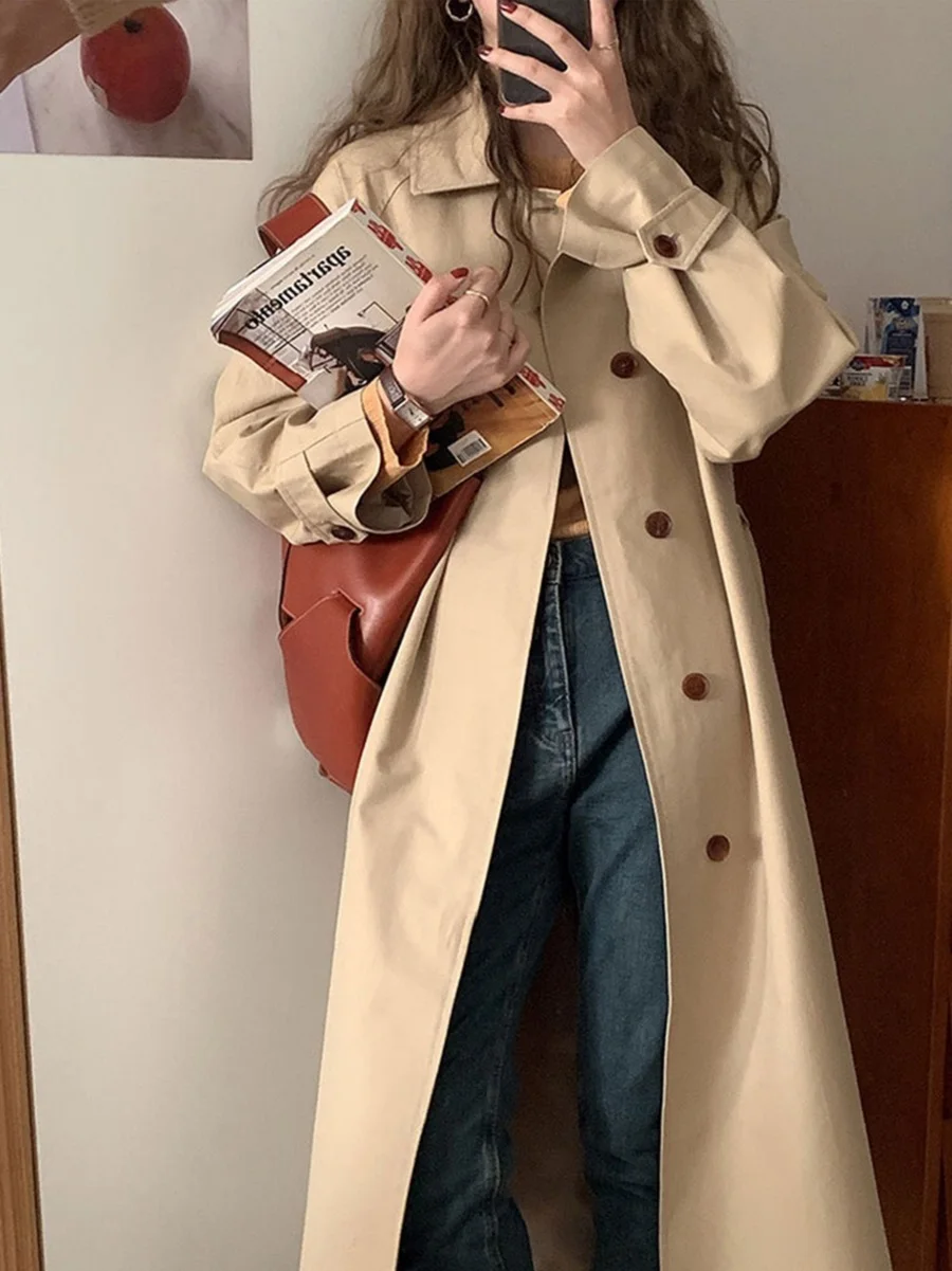 

SuperAen 2021 Autumn New Windbreaker Jacket Single-breasted Long Solid Single Breasted Trench Coat Women Clothes