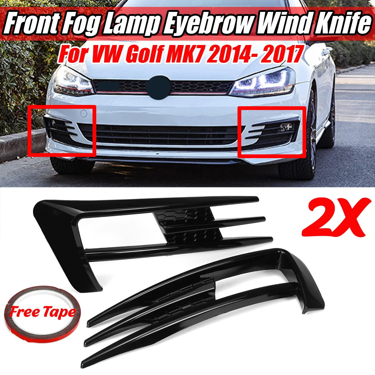 

Glossy Black / Carbon Fiber Look 2PCS Car Front Fog Light Lamp Eyebrow Eye Lid Wind Knife Cover For VW For Golf MK7 2014-2017