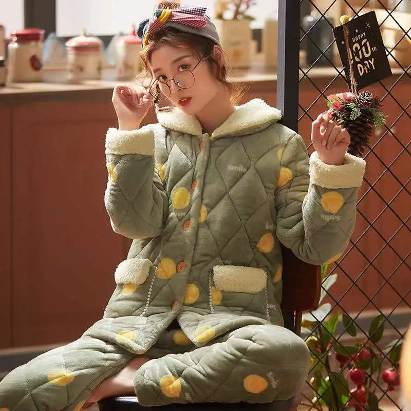 Winter Warm Pajamas Sets Women Three-Layer Thicken Flannel Sleepwear 2Piece/Set Coral Fleece Long-Sleeved Trousers Home Clot