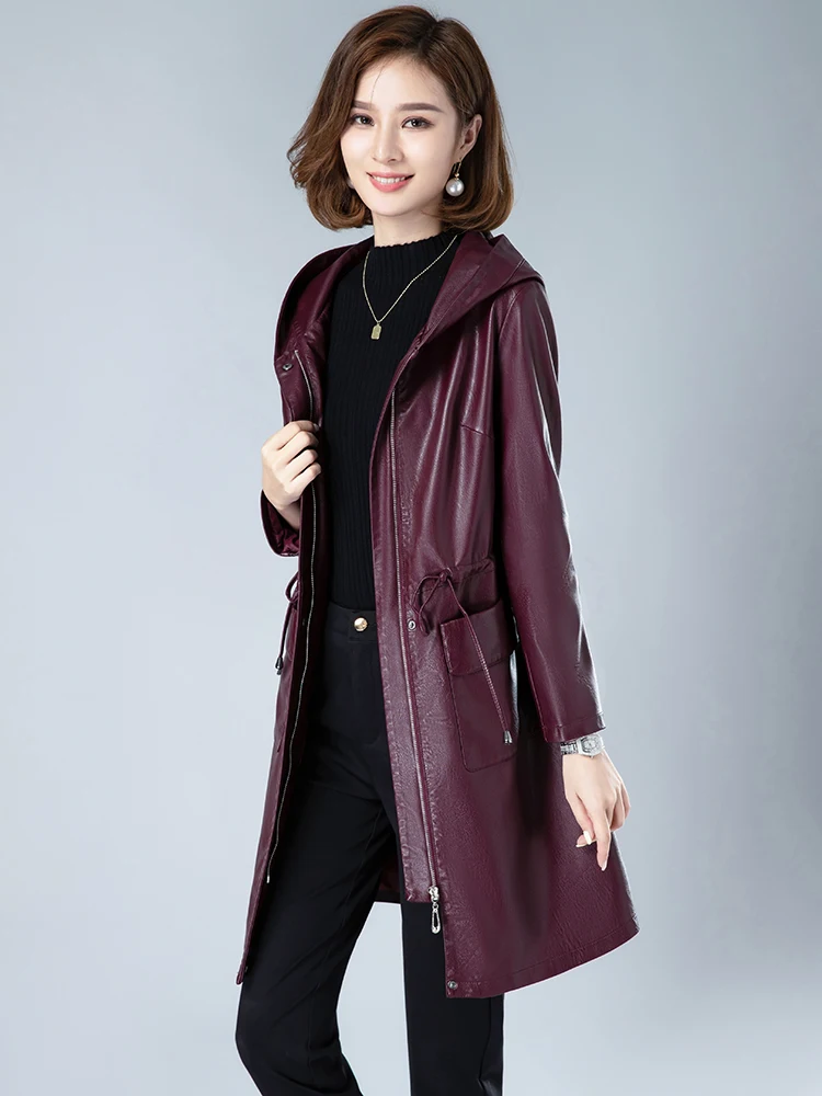 New Women Sheepskin Coat Spring Autumn 2022 Casual Fashion Solid Color Hooded Zipper Drawstring Slim Sheep Leather Trench Coat