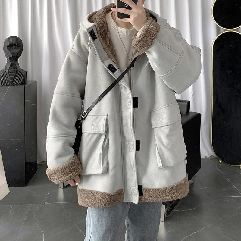 

Privathinker Lamb Wool Fleece Men Hooded Parkas Oversized Pockets Japanese Style Winter Coats Warm Fashion Harajuku Male Jackets