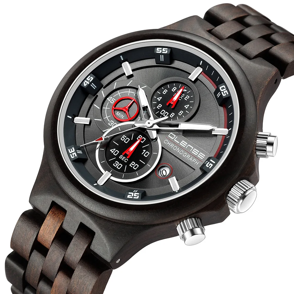

Новинка 2021, мужские часы OLENSE с деревянным ремешком, модные мужские деловые водонепроницаемые кварцевые наручные часы с хронографом, мужски...