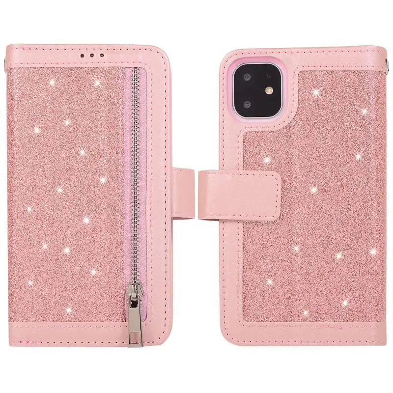 

Flip Wallet Case For iPhone 12 Mini 12 Glitter Leather Cover For iPhone XS Max XR X 6 6s 7 8 Plus Card Slots Holder Zipper Coque