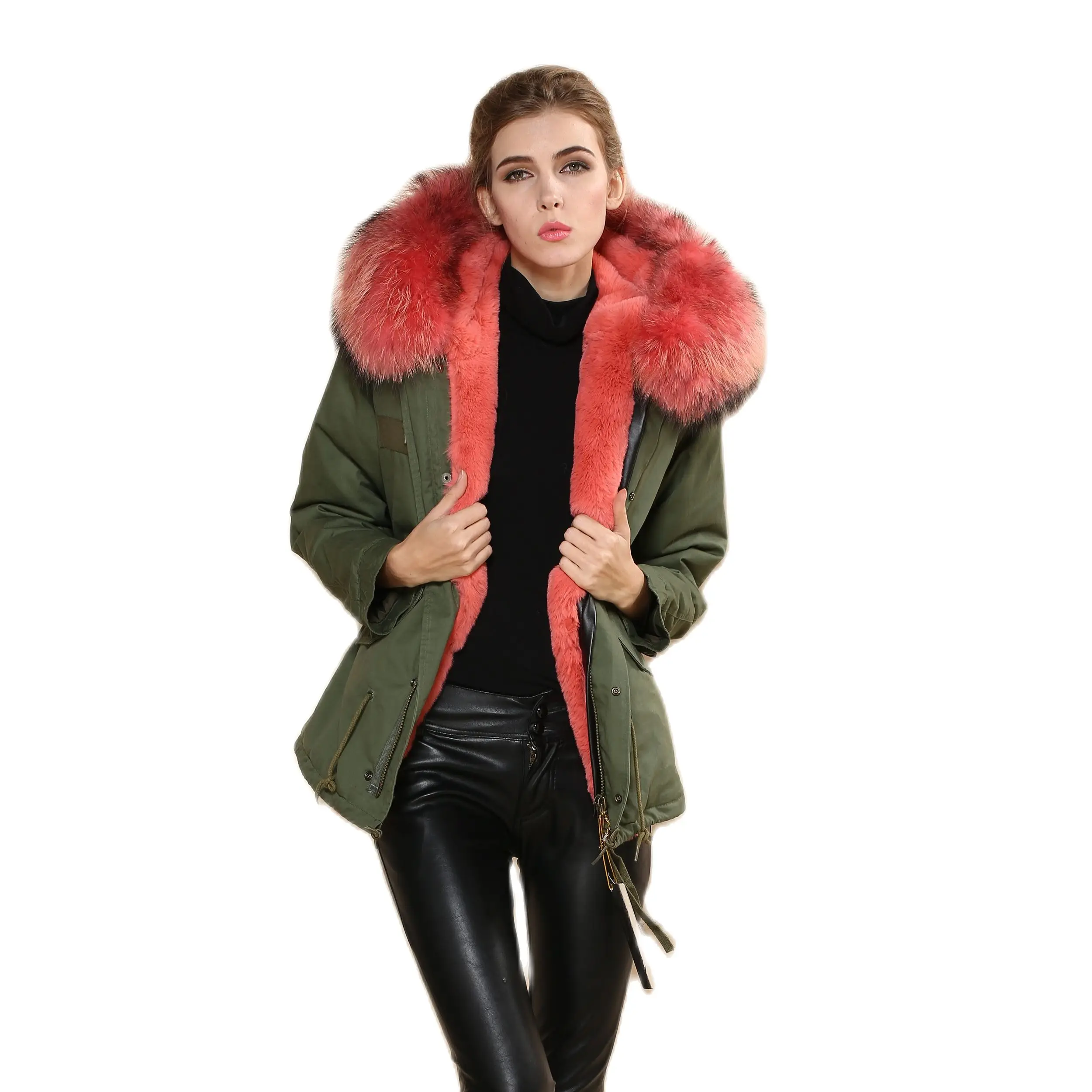 

Classic Short Women Fur Parka Watermelon Red Faux Fur Coat Ladies Winter Warm Greatcoat