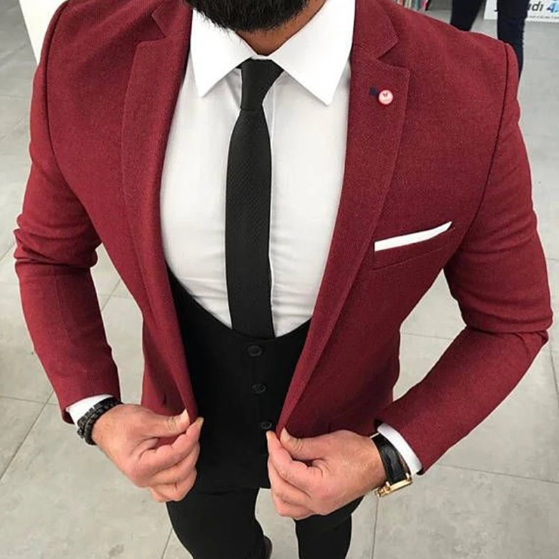 

Custom Fashion Handsome Purple Coat With Black Pants Vest Slim Fit Groom Tuxedo For Wedding Dress Dinner Party Male Clothing