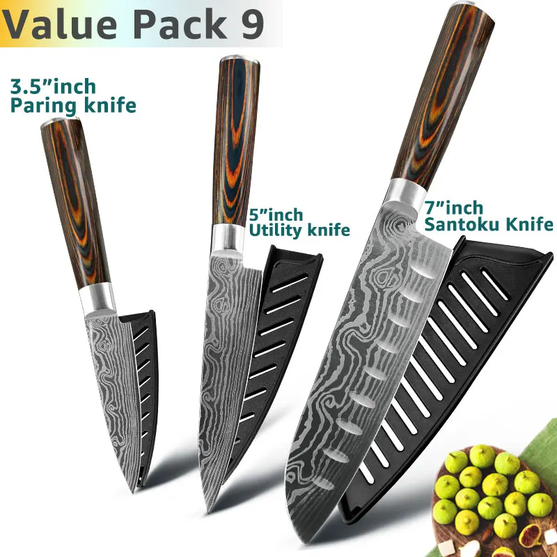 Value Pack 9 Кухонный нож 8 дюймов, японские ножи шеф-повара 7CR17 440C из высокоуглеродистой нержавеющей стали, дамасский чертежный универсальный набор сантоку, Кливер - Цвет: Value Pack 9