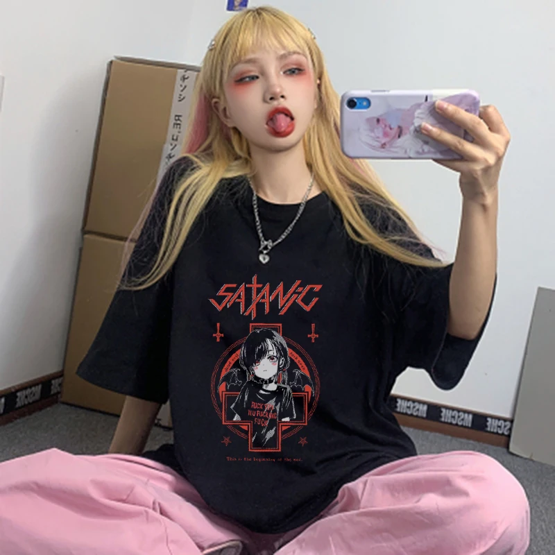 

comics Vintage print T-shirts Y2K Women's clothing Harajuku Kawaii comics streetwear Korean sexy female punk Tops casual