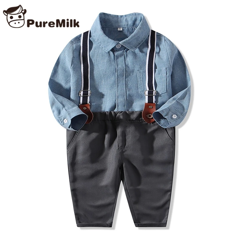 PureMilk/комплект одежды для новорожденных; синяя рубашка; штаны и подтяжки; одежда для малышей