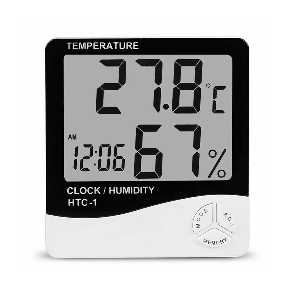 

Indoor Hygrometer LCD Digital Weather Station Temperature Humidity Clock Electronic Digital Temperature Humidity Meters HTC-1