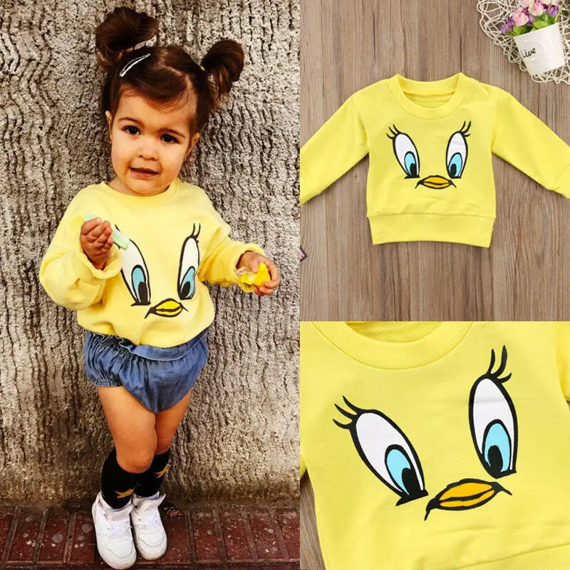 Милая желтая футболка с рисунком птицы топ длинными рукавами для маленьких
