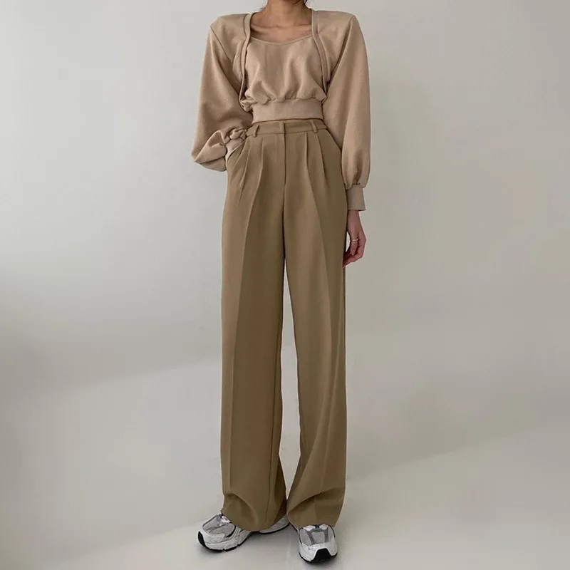 

Autumn Fashion Slim Elegant Style SML Solid Color Pocket Khaki Woman Casual Suit Pants Office Lady Straight Trousers Streetwear