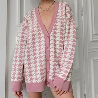 women deep v neck long sleeve loose casual knitted cardigan houndstooth single breasted sweater new fashion autumn winter warm