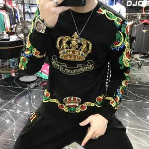 Imported Luxury Gold Black Embroidered Sequined Crown Sweater Men's Suddera Hombre Baroque Club Jacket Casual