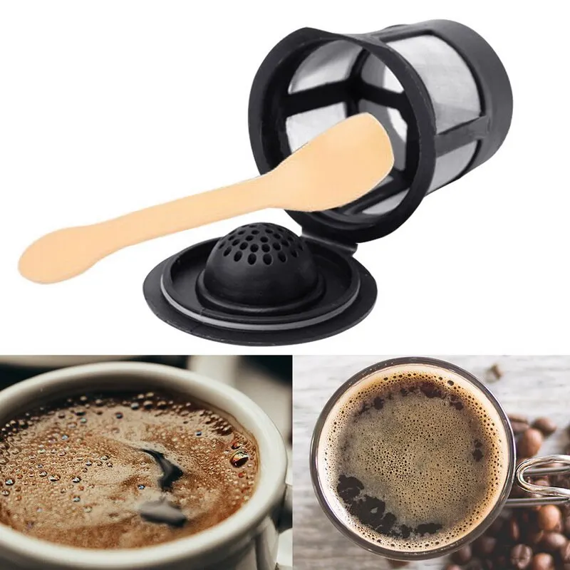 3PCS/Set Reusable Coffee Capsules Cup With Spoon Brush Black Refillable Capsule Refilling Filter Coffe New | Дом и сад