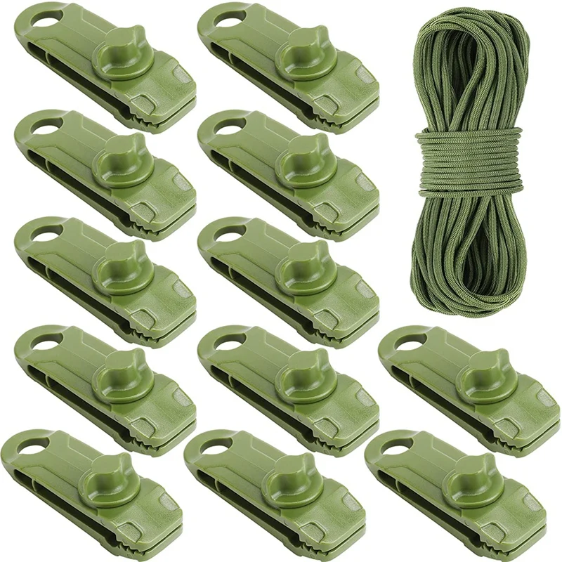 

ELOS-Tarp Clips 12Pcs Heavy Duty Lock Grip Tent Clip Tarp Clamps Shark Tent Fasteners Clips Holder With 49Ft Camping Paracord
