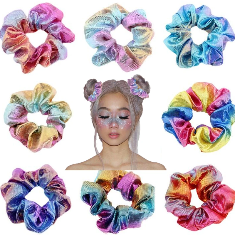 

2 PCs/lot New Rainbow Colorful Gradient Laser Splicing Fabric Hair Bands Hair Scrunchies Girls Personality Hair Holder