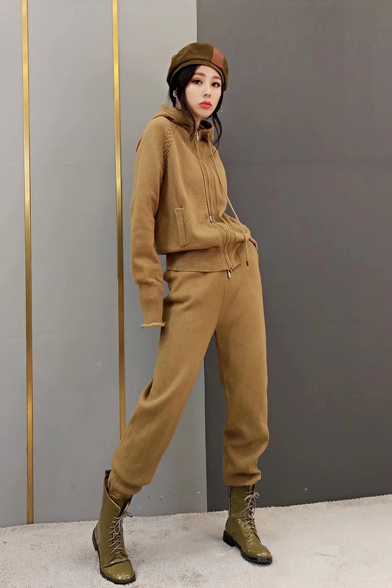 

Casual Rushed Drawstring Cotton Zipper Full Knitted Hooded Sweater And Trousers 2-piece Set 2020 New Women's Two-piece Fashion