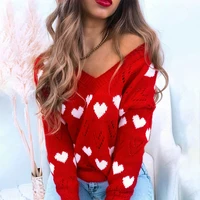 women casual sweaters autumn winter love heart hollow crochet sweater loose knitwear v neck loose sexy tops 2021 new pullovers