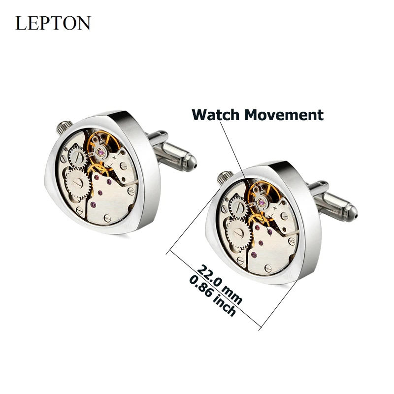 Lepton Watch Movement Cufflinks of immovable Silver Color Steampunk Gear Watch Mechanism Cuff links for Mens Wedding Gift