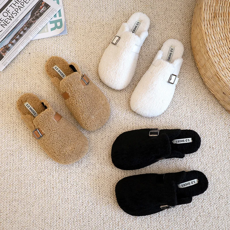 

Rubber Slippers Female Shoes Shallow Slides Flock Low Cover Toe Fur Flip Flops Fashion 2021 Soft Flat Plush Luxury Basic with fu