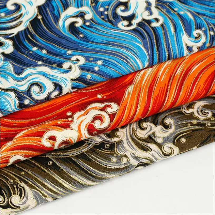 CF22 1 метр оранжевый/синий/кофейный в японском стиле волнистый принт 100% хлопок