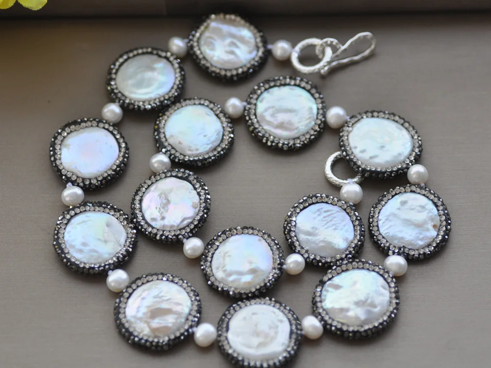 

Z10276 19inch 24mm Twinkle Black CZ White Coin Keshi Pearl Necklace