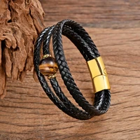 natural tiger eye bracelet for men multilayer weaved genuine leather bracelets women stainless steel magnet bangles male jewelry
