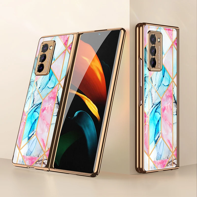 GKK Painted Tempered Glass Case For Samsung Galaxy Z Fold 2 5G Luxury Plating Hard Frame Cover For Samsung Galaxy Z Fold2 Case