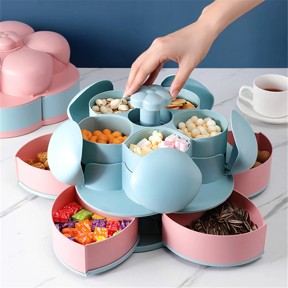 

Petal-Shape Rotating Candy Box Snack Nut Box Flower Candy Fruit Plate Food Storage Case Two-deck Dried Fruit Storage Organizer