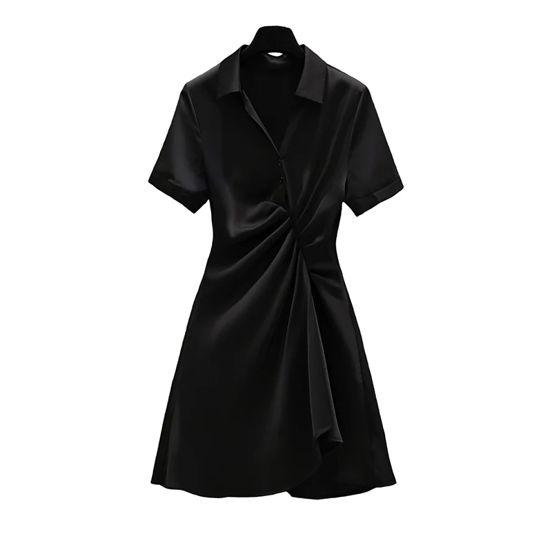 

EHQAXIN Womens Black Dresses 2021 Summer Fashion POLO Collar Pleated Buttons New A-Line Mini Dress Female Large Size M-3XL