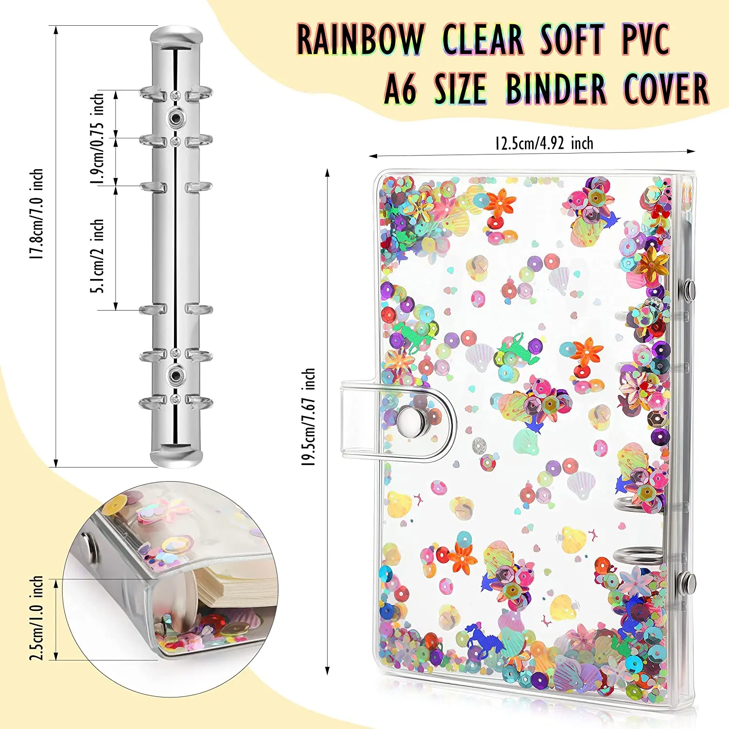 

2 Pieces A6 Binder Budget 6-Ring Shiny Sequin Cover, Waterproof Refillable with Snap Button Closure and Ruler,for School Office