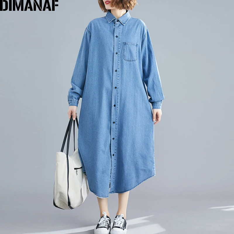 DIMANAF женское платье большого размера Осеннее джинсовое синее Хлопковое с длинным